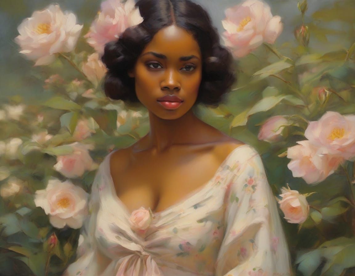 Romantic Portrait of Woman in Flower Field as Oil Painting