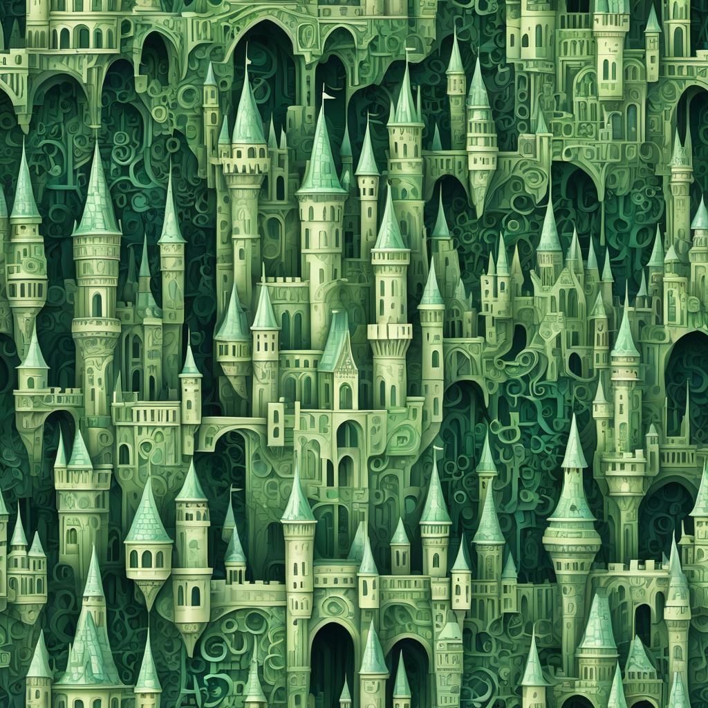 Floating Fractal Castle Made of Green Letters