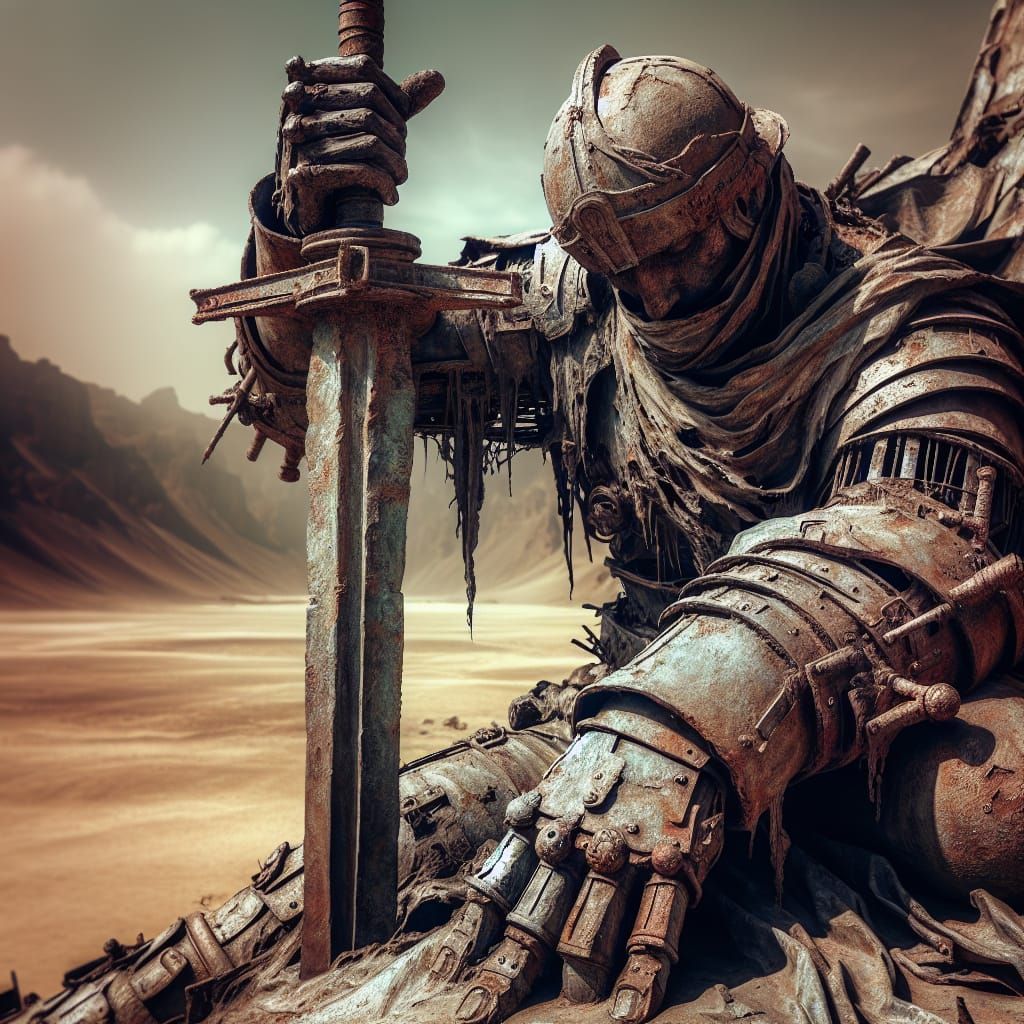 Weathered Metal Soldier Statue in Barren Desert