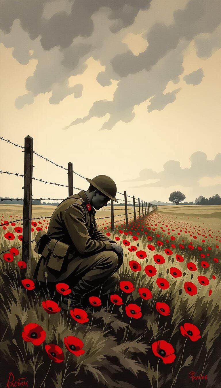 Flanders Field Remembrance: Soldier Kneeling Amidst Poppies