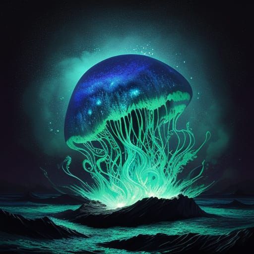 Bioluminescent Jellyfish in Deep Ocean Trench