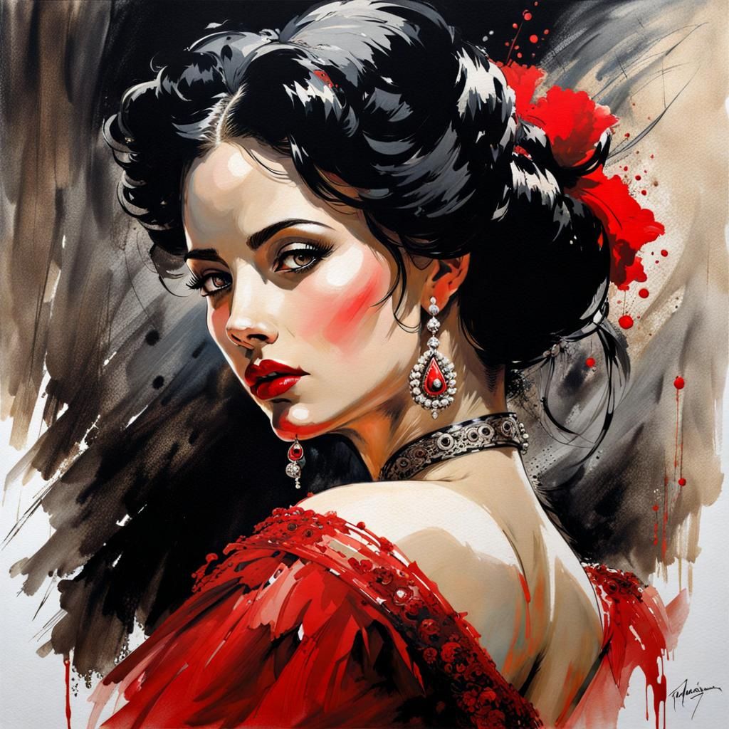 Victorian Era Spanish Beauty in Ink Painting Style