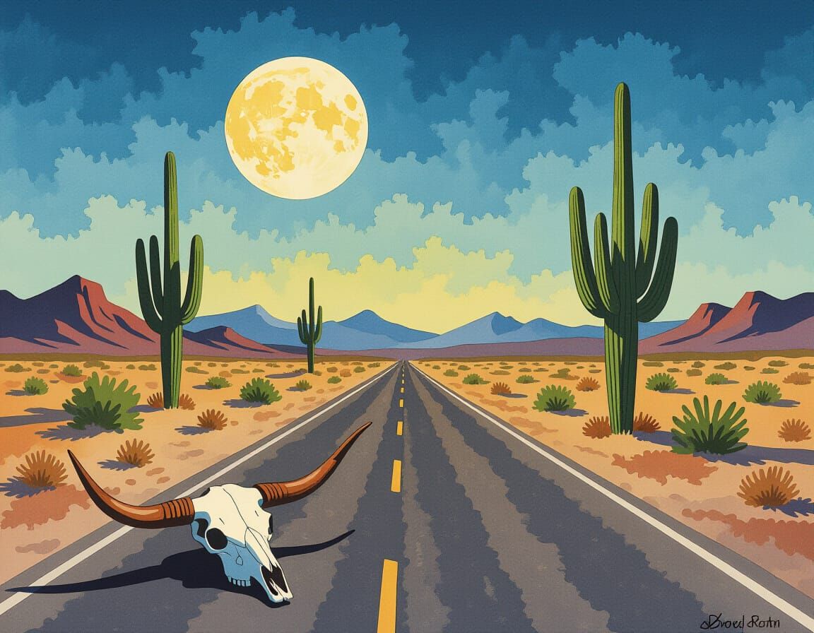 Desert Moonrise with Cactus and Skull