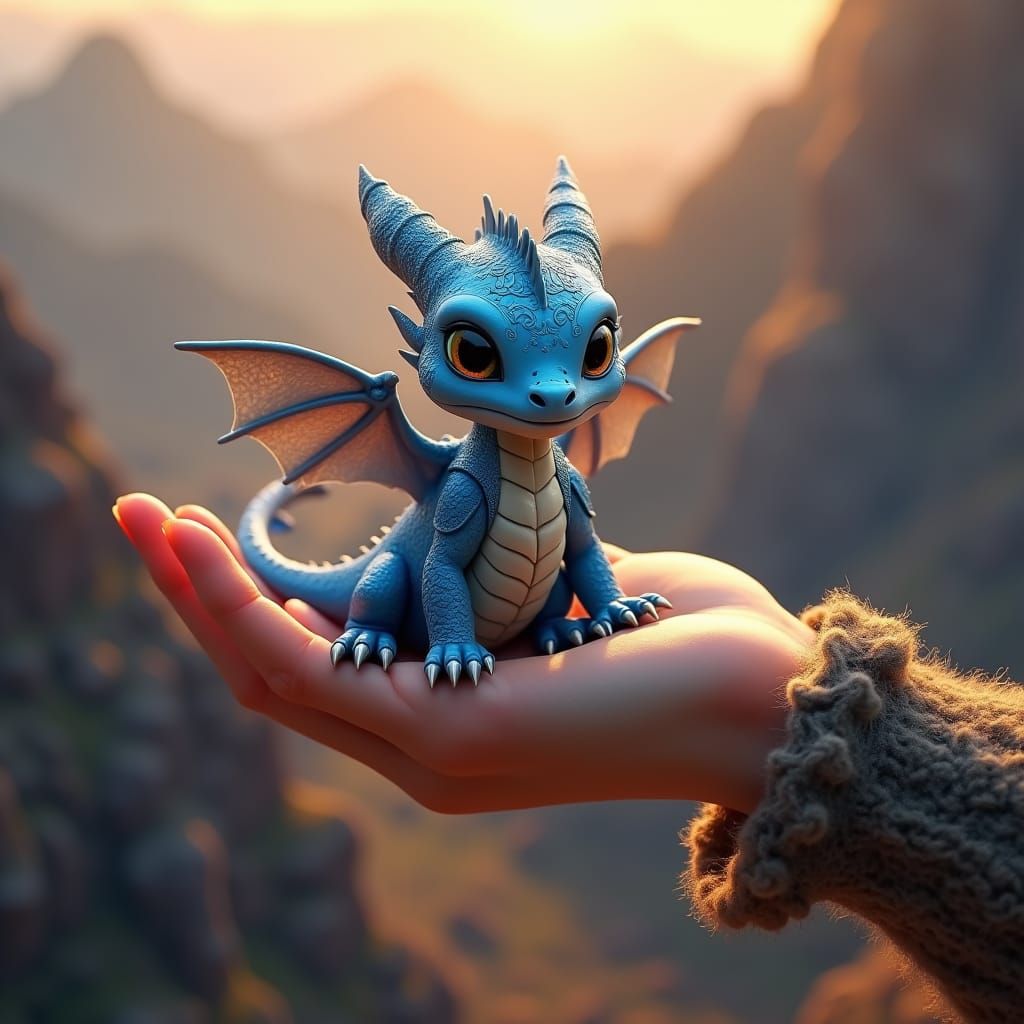 Blue Dragon in Hand, Volcanic Landscape, Fantasy Art