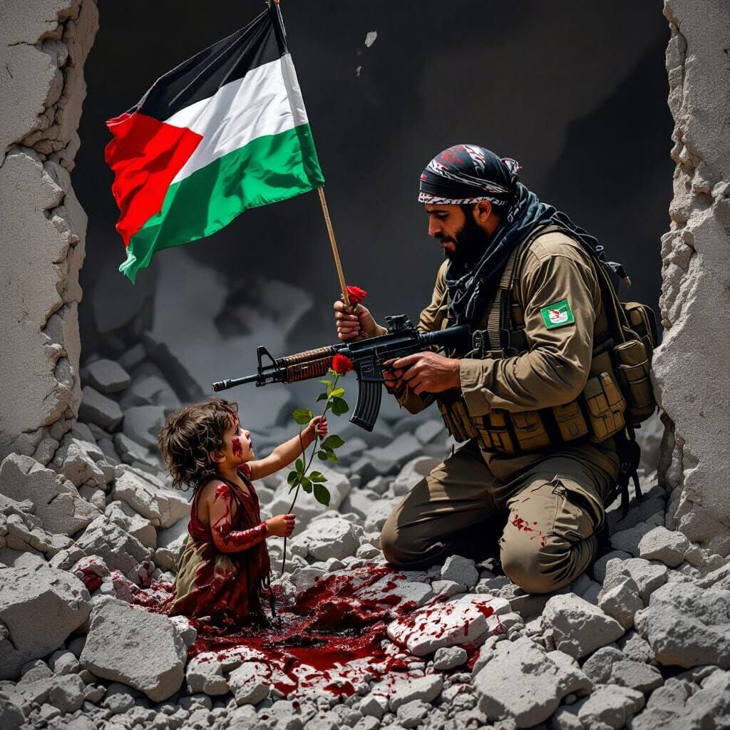 Hope Amidst Rubble: Palestinian Fighter Offers Rose to Child