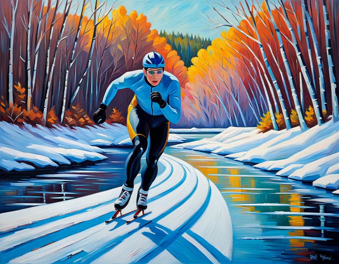 Speed Skater on Frozen River: Impressionist Oil Painting