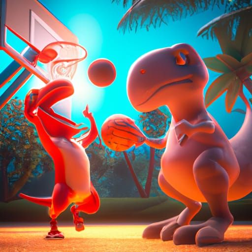 Red Dinosaur Plays Basketball: 3D Digital Art
