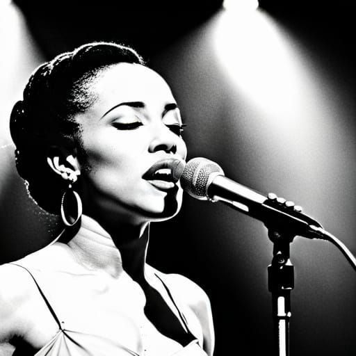 Hyperrealistic Image of Sade Singing with Eyes Closed