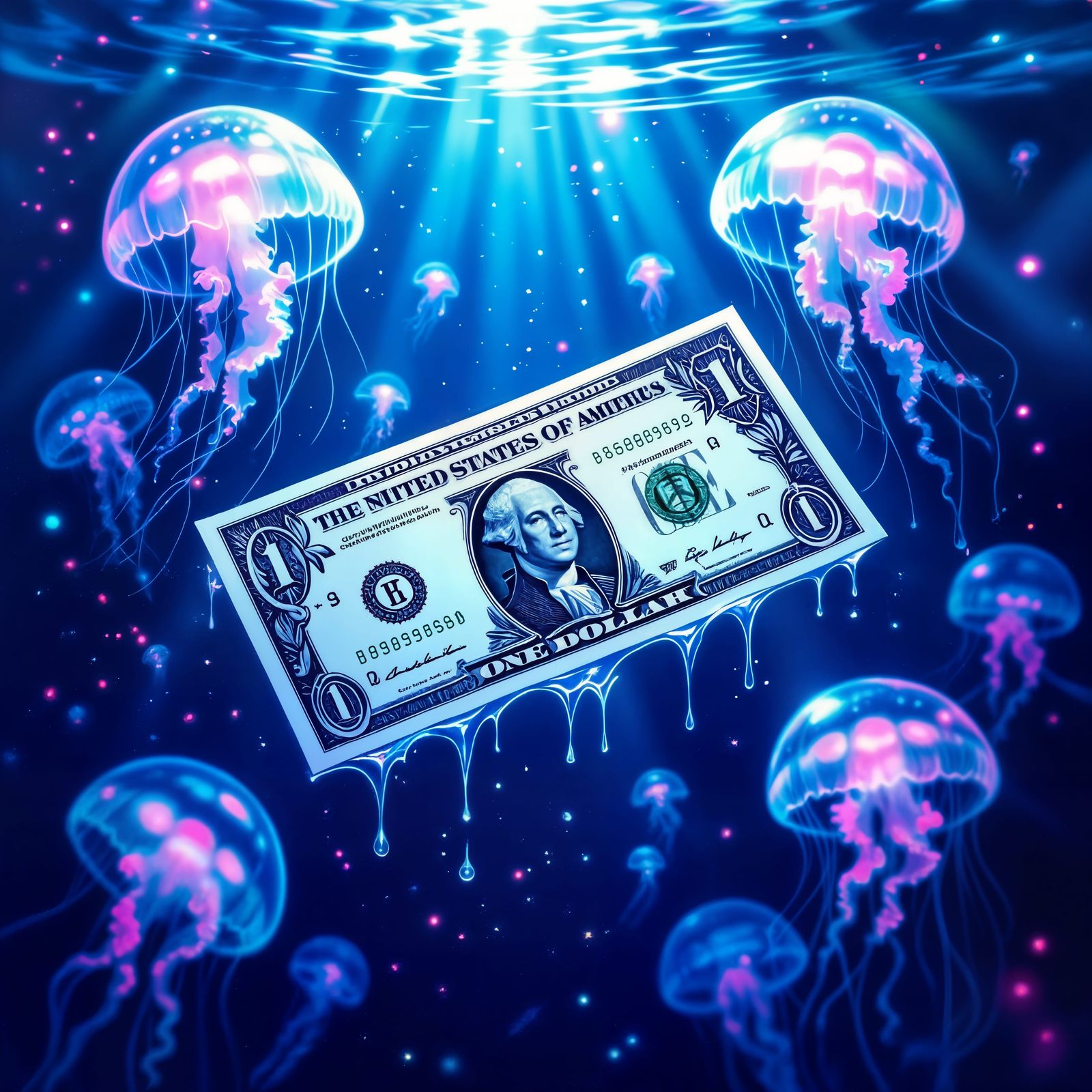 Melting Dollar Bill Among Bioluminescent Jellyfish