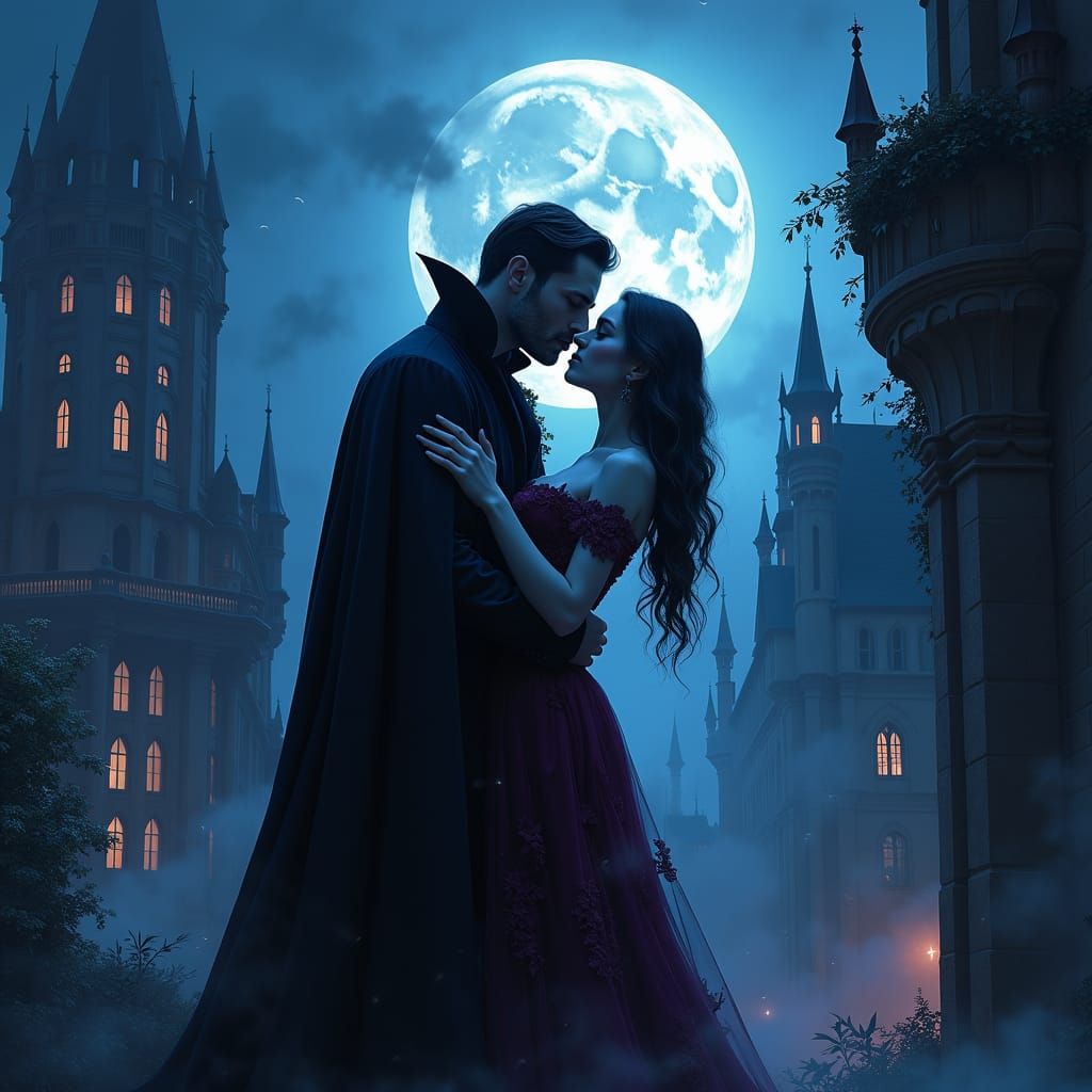 Vampires Embrace in Gothic Dreamscape