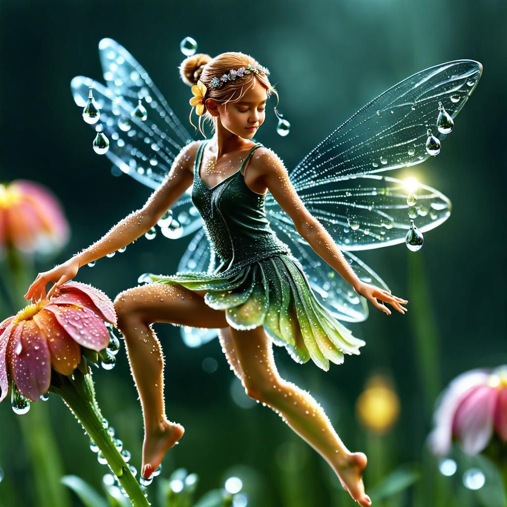 Fairy Dancing on Dew Drops: 8k Photograph