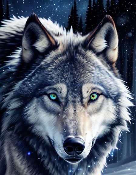 Arctic Wolf with Glowing Eyes in Starry Night