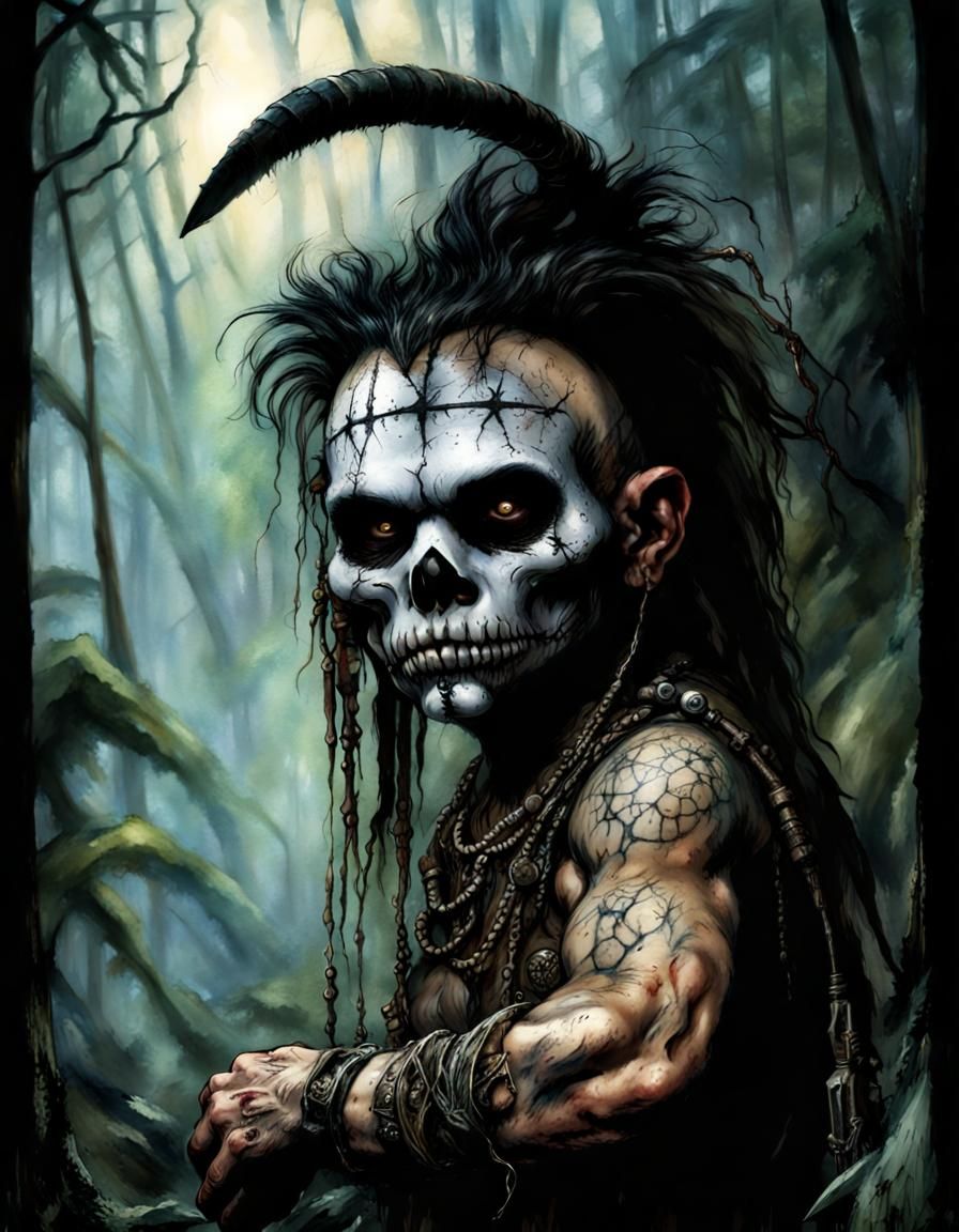 Creepy Voodoo Dwarf in Jungle, Dark Fantasy Art