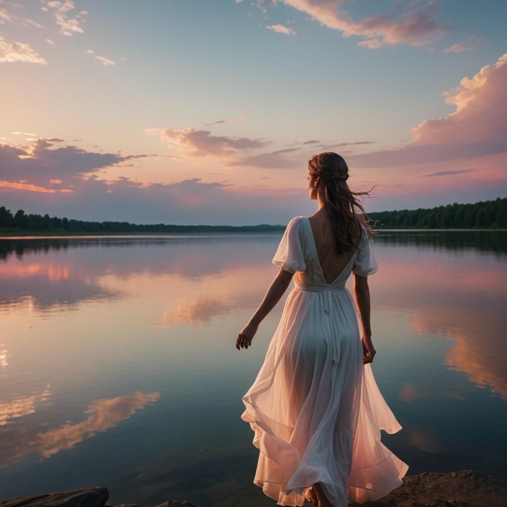 Woman Gazing at Whimsical Sunset in Cinematic Style
