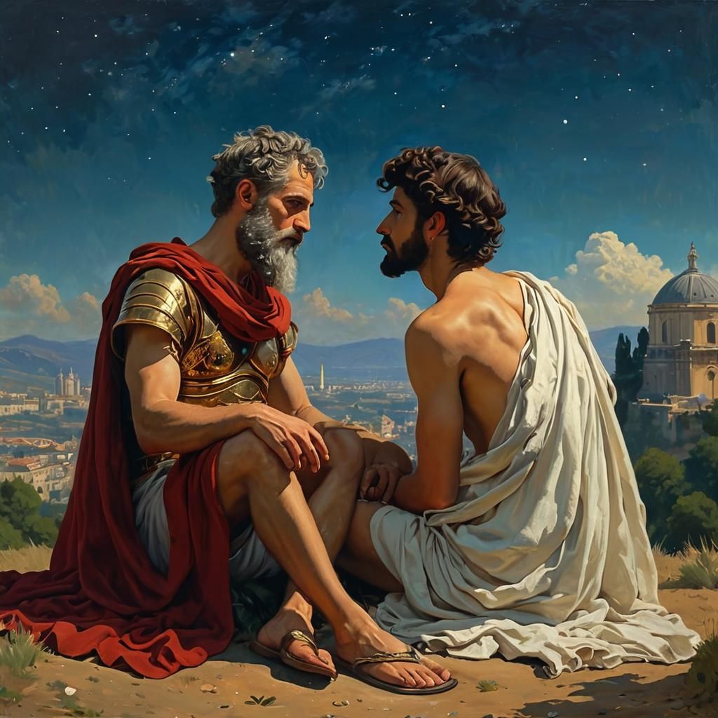 Gay Roman Stargazers in Impressionistic Art Style