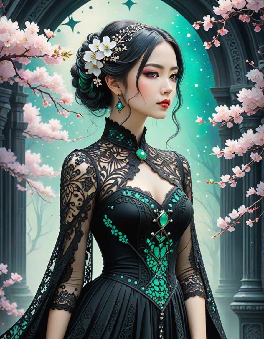 Gothic Woman with Jade Eyes in Watercolor Style