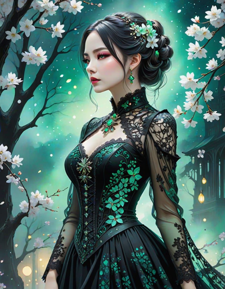 Gothic Woman with Jade Eyes in Watercolor Style