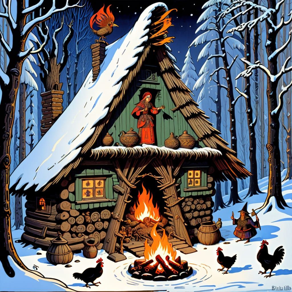 Baba Yaga's Enchanted Hearth in Folk Art Style