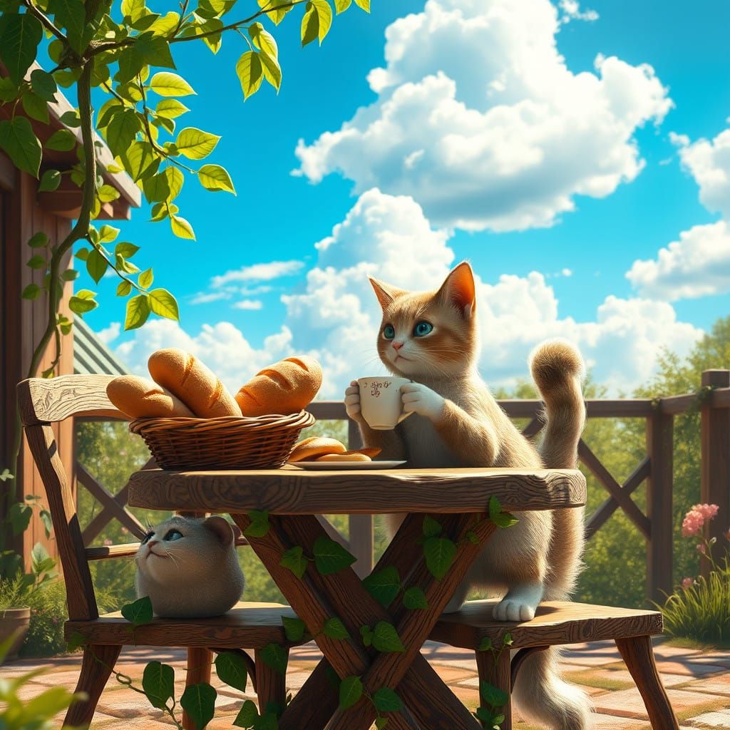 Whimsical Cat Sips Coffee in Enchanted Outdoor Setting