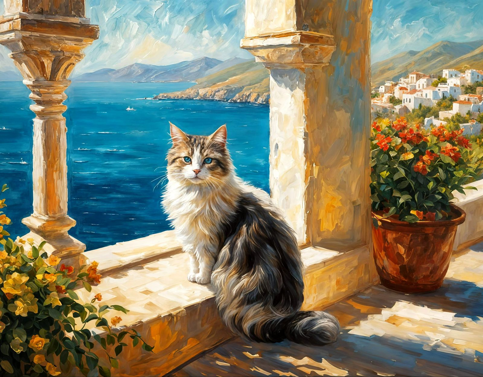 Impasto Oil Painting of a Cat on a Mediterranean Villa Balco...
