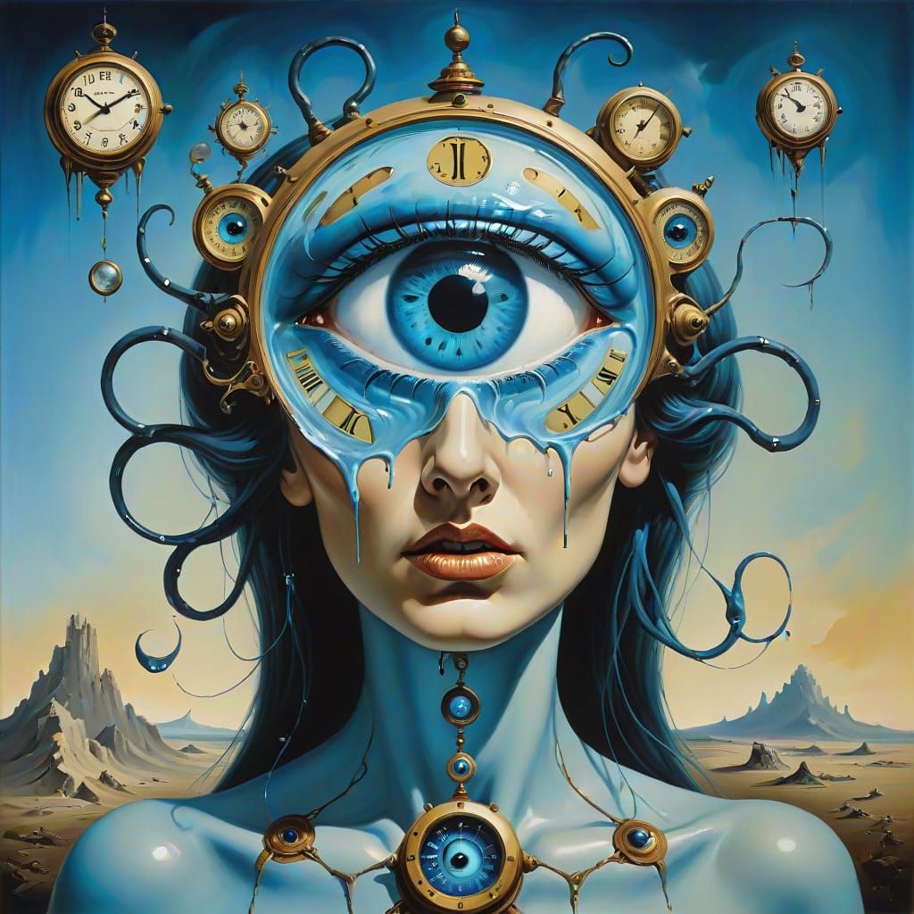 Surreal Woman with Eyeball Head and Melting Clocks