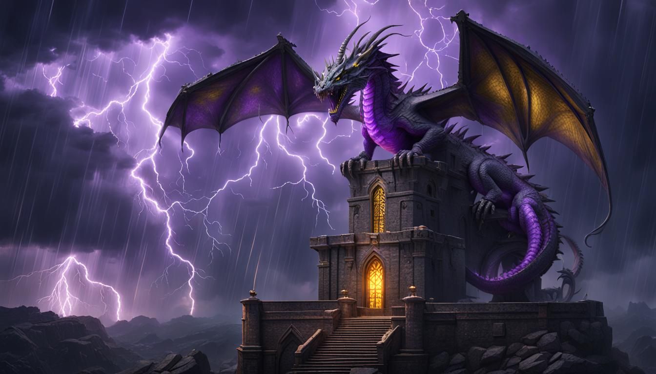 Charcoal Dragon on Tower in Lightning Storm