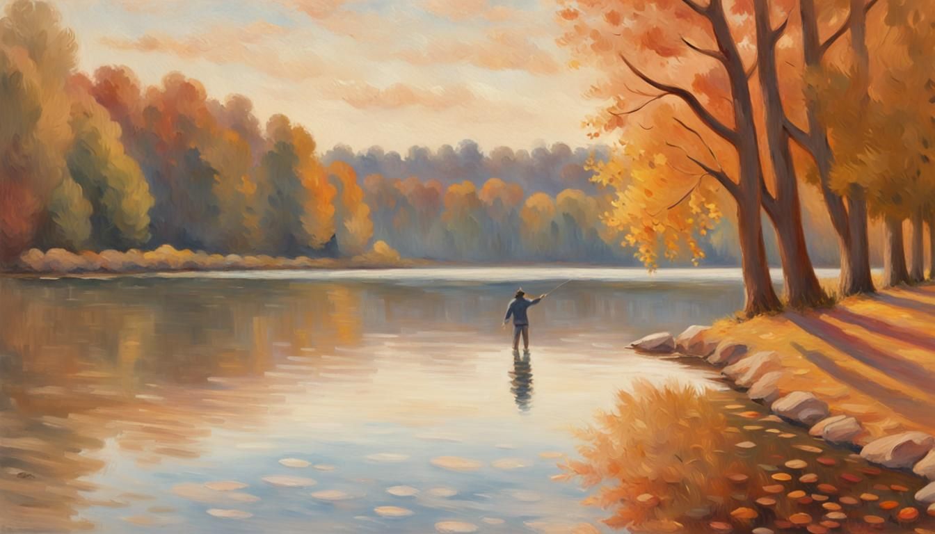Impressionist Autumn Lake Scene with Stone Skipping