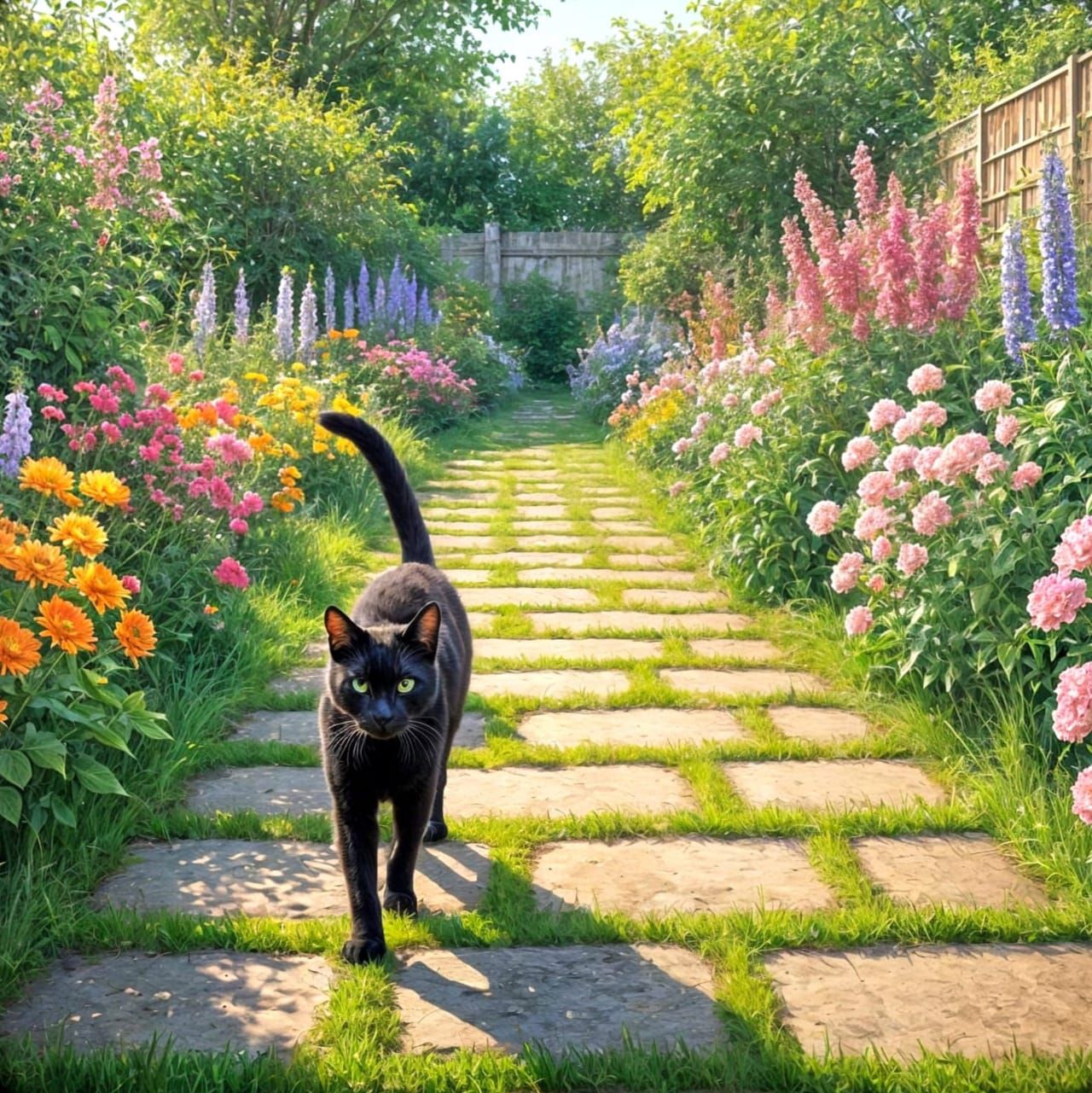 Black Cat Patrols Vibrant Impressionistic Garden