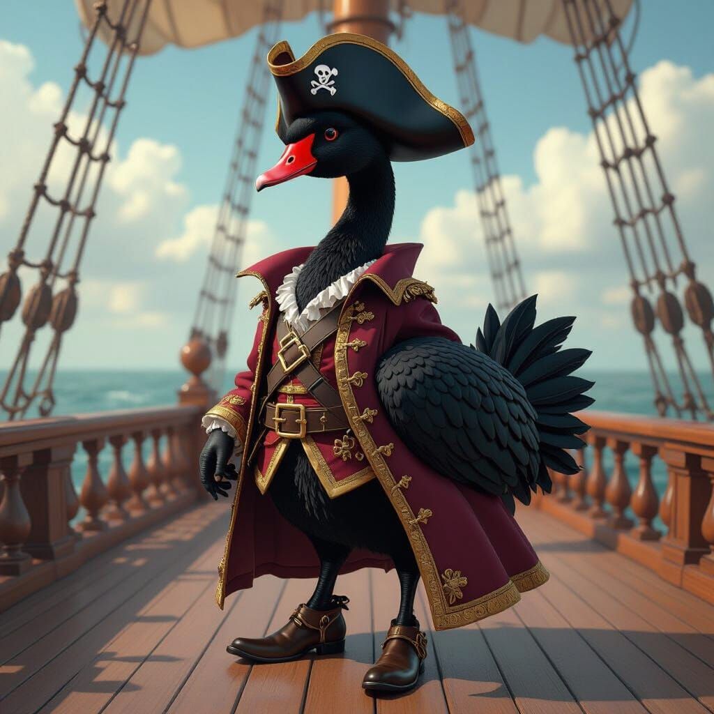 Pirate Swan on Galleon Deck in Vibrant Digital Art