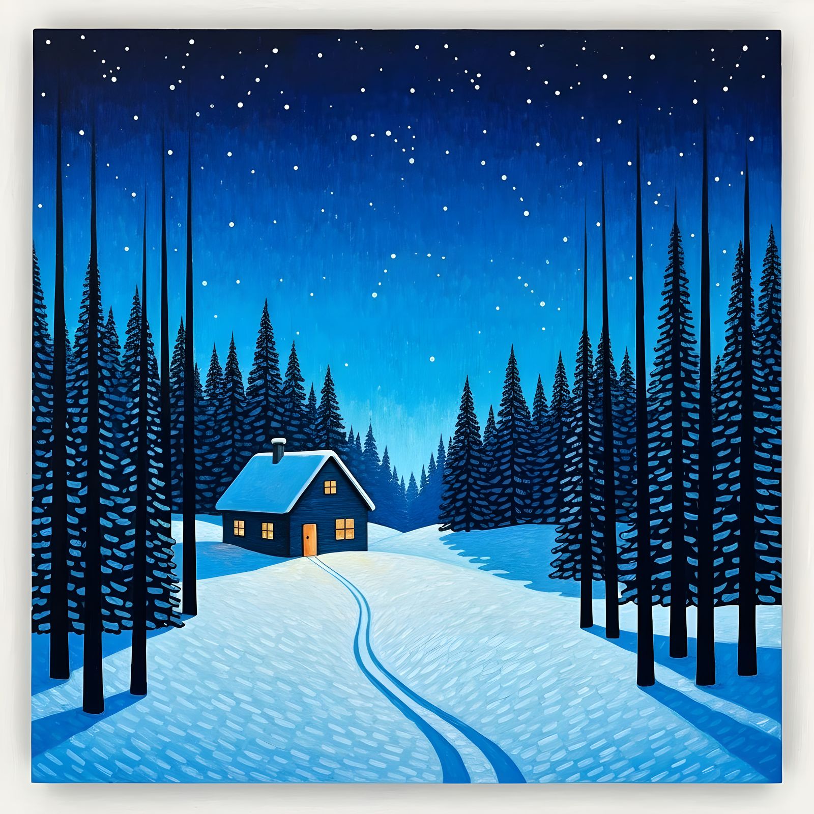 Introspective Snowy Night Landscape with Glowing Cottage