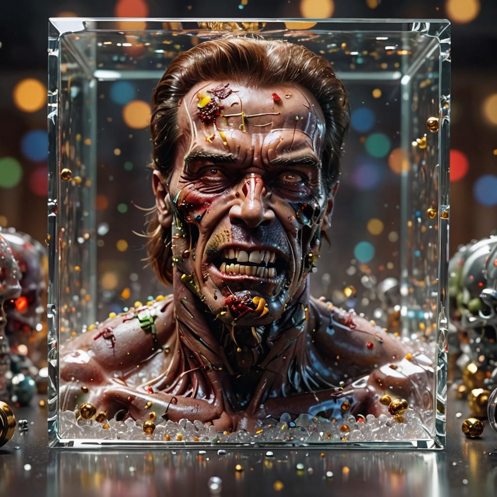 Zombie Arnold Schwarzenegger in Glass Cube, Hyperrealistic 3...