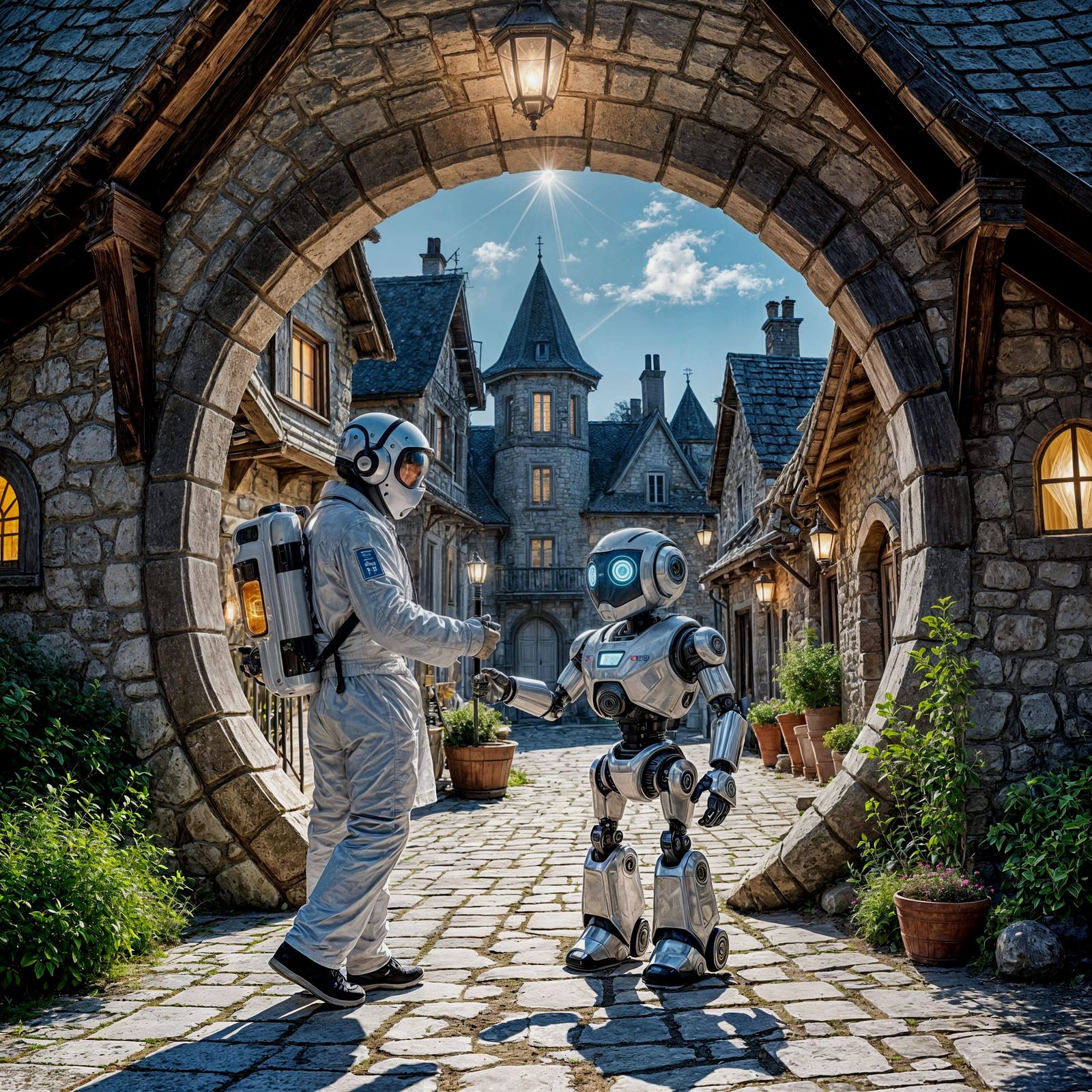 Scientist and Robot Enter Medieval Village Through Portal