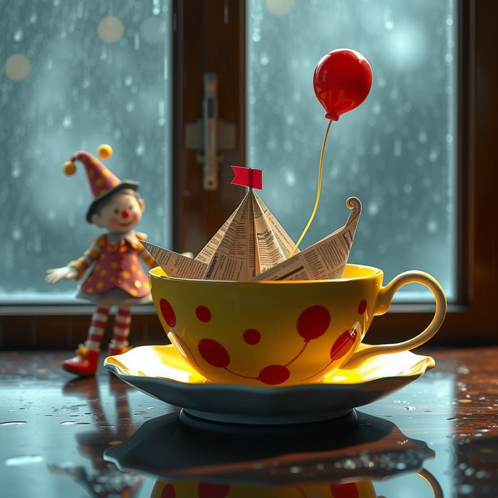 Newspaper Boat in Teacup on Rainy Day