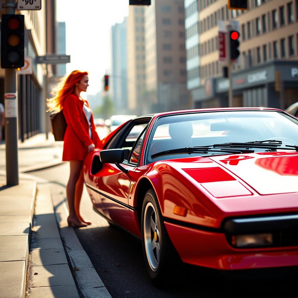 Ferrari at Stoplight: 1980s Style Street Photography