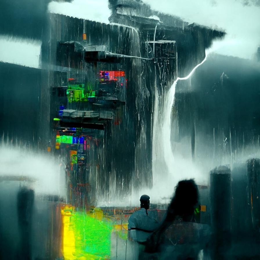 Cyberpunk City Thunderstorm with Waterfall