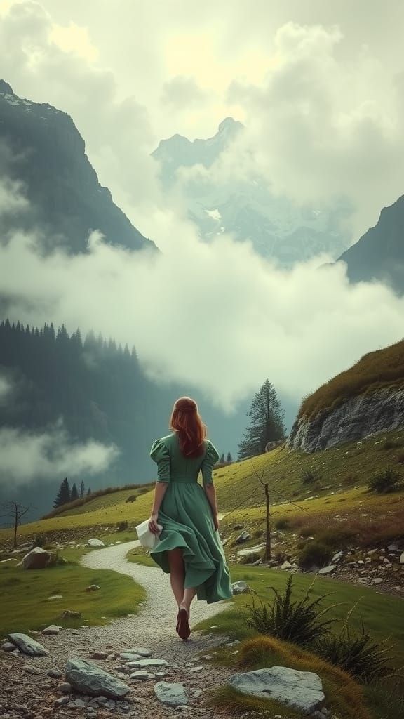 Elegant Woman Walks Misty Mountain Path