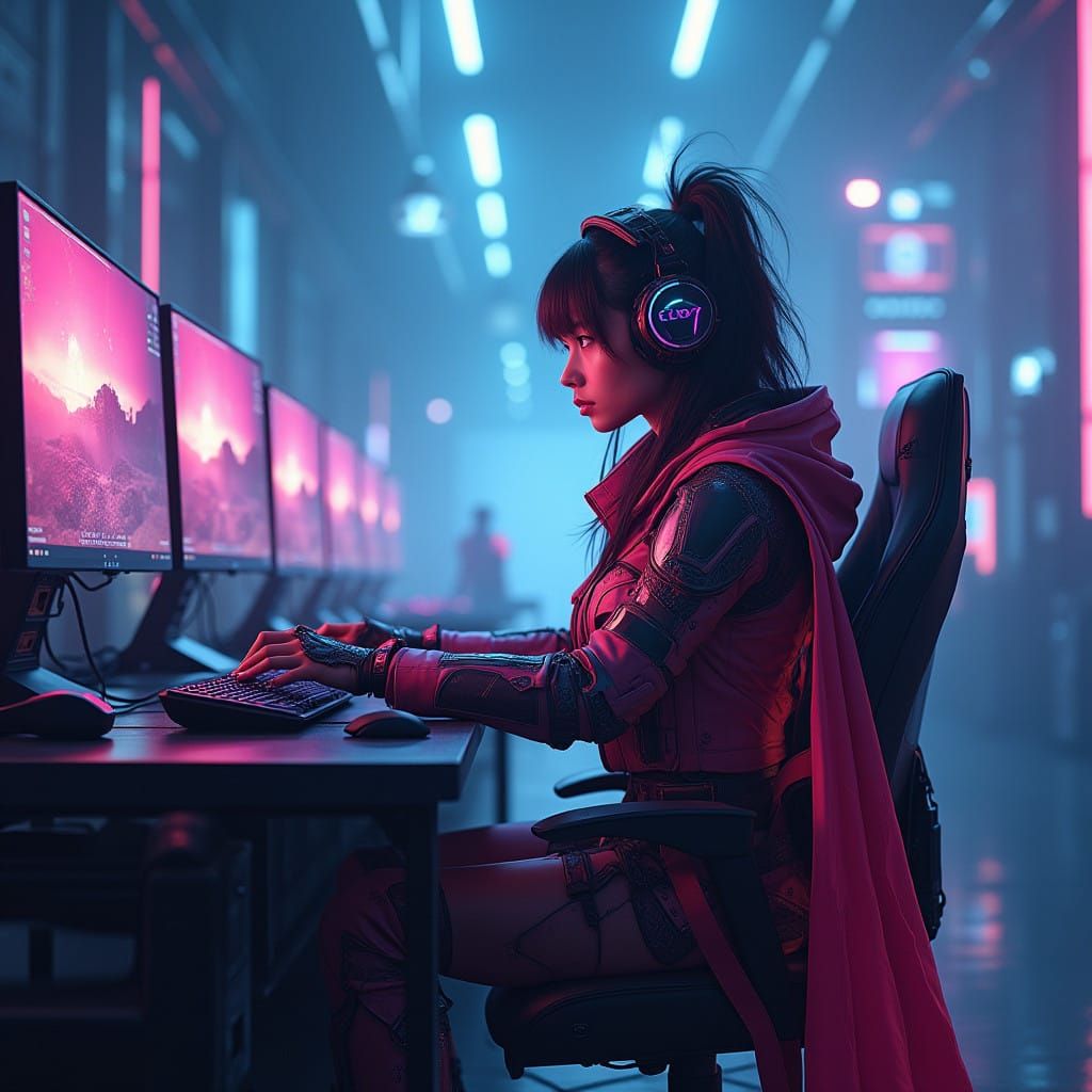 Gamer Girl in Neon-Lit Futuristic Lair