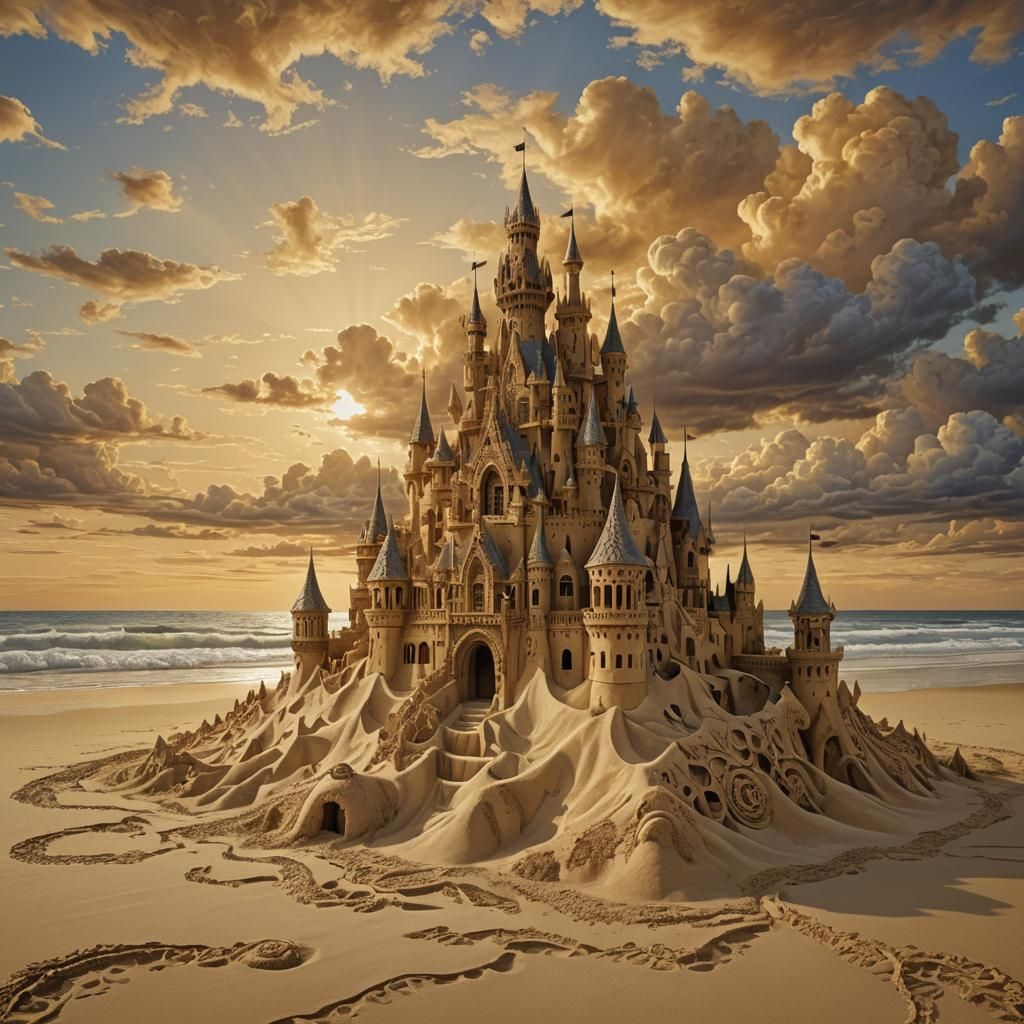 Beach Sandcastle at Sunset in Art Nouveau Style