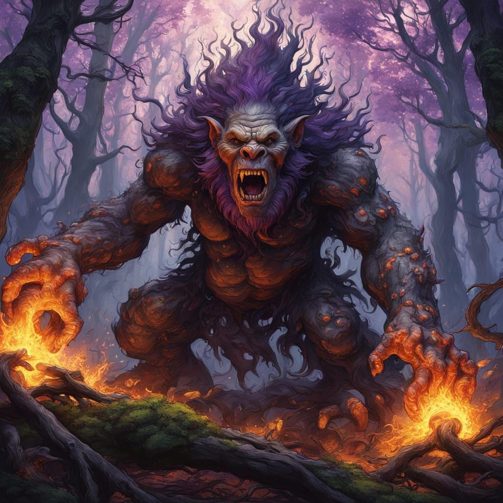 Trolls in a Fiery Forest: Dark Fantasy Art