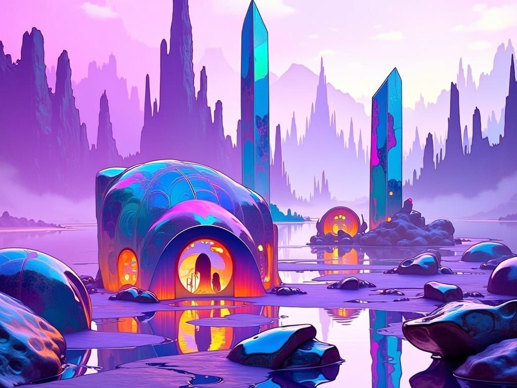 Surreal Cosmic Landscape in Metallic Art Nouveau Style