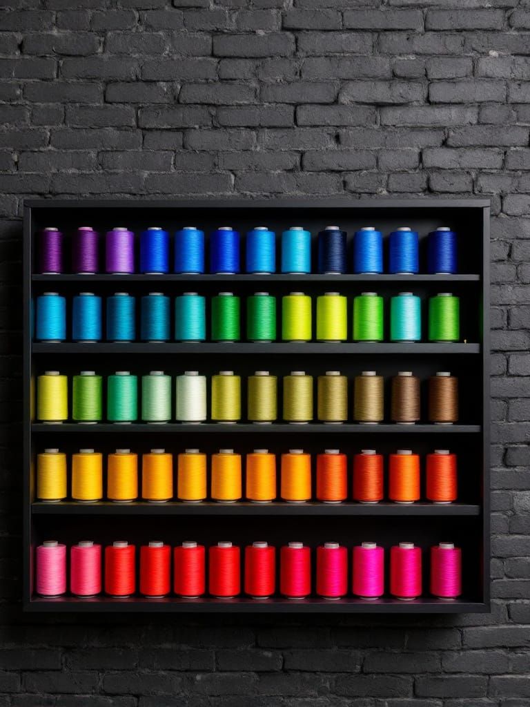 Color Gradient Thread Spools on Industrial Shelves