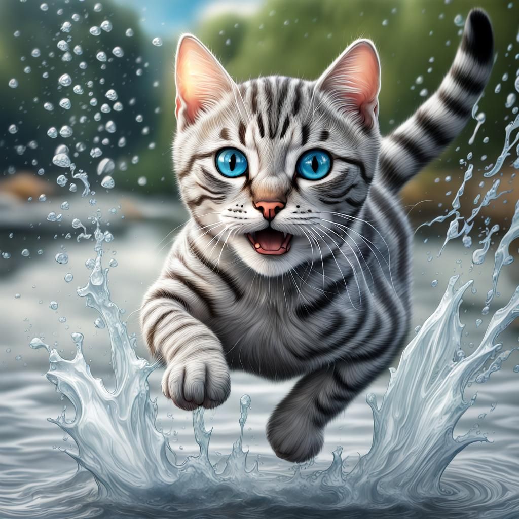 Tabby Cat Pouncing on Fish in Stormy River