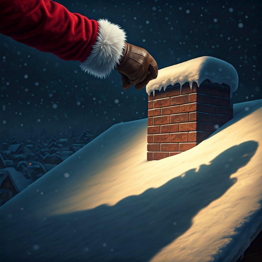 Santa Claus Descends Through a Snowy Rooftop Chimney at Dusk