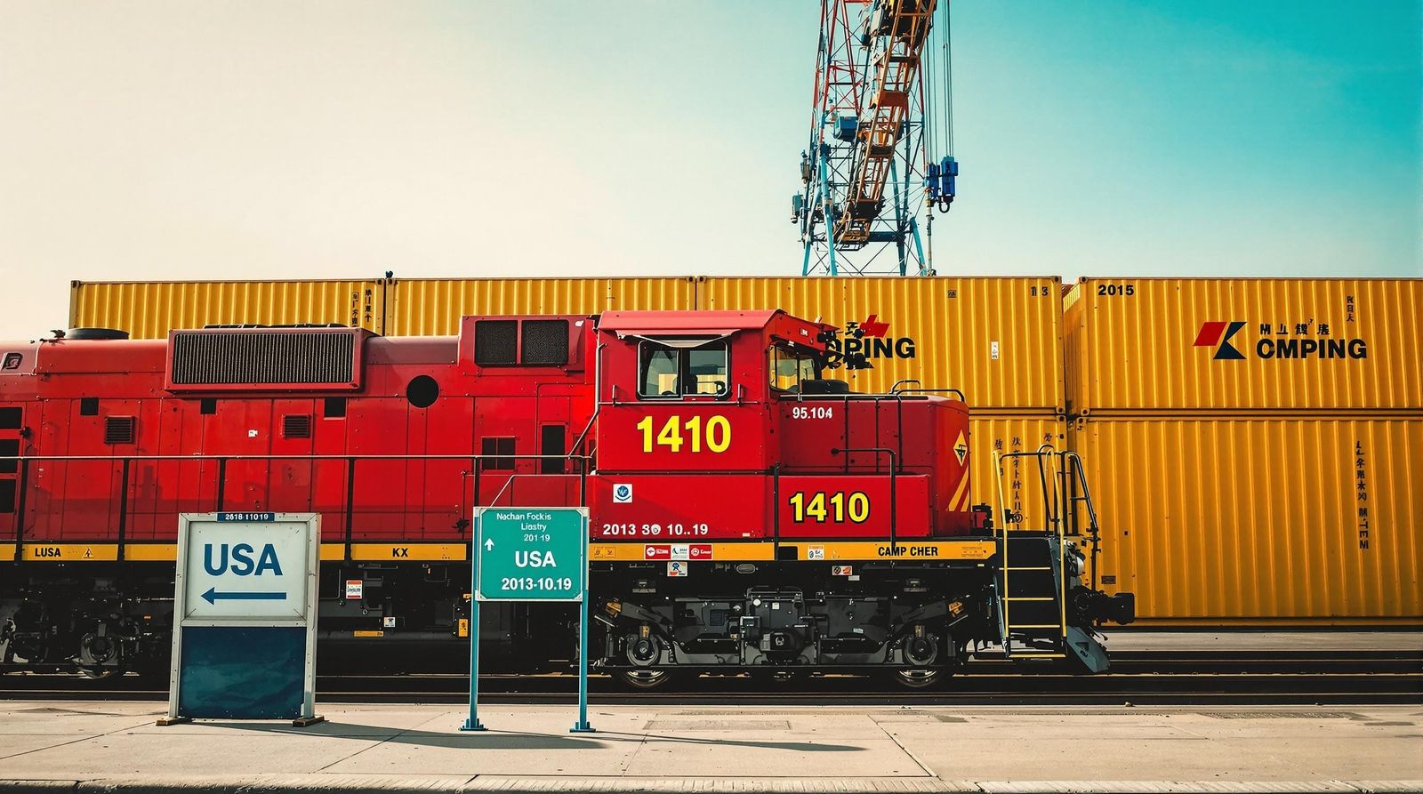 Vibrant Red Locomotive at Railway Station in Industrial Land...