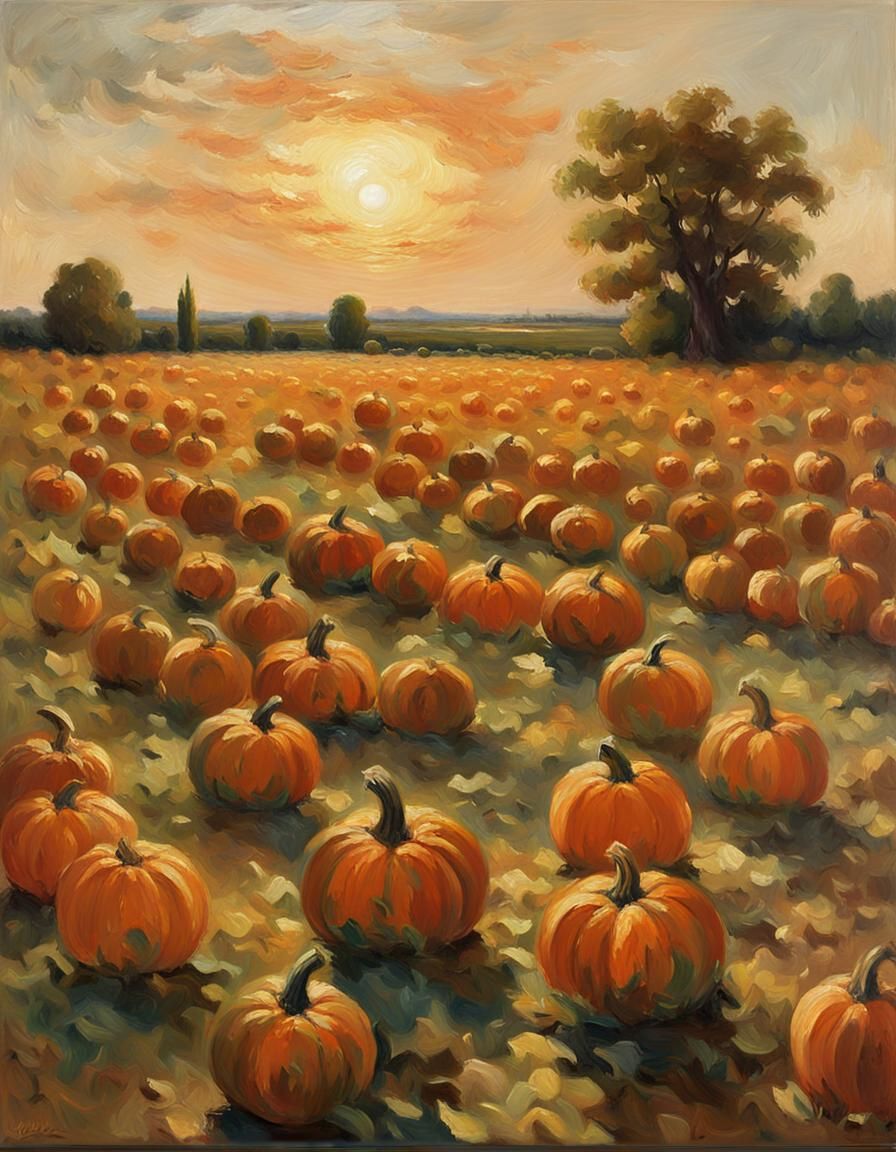 Pumpkin Field at Sunset: Impressionist Oil Painting
