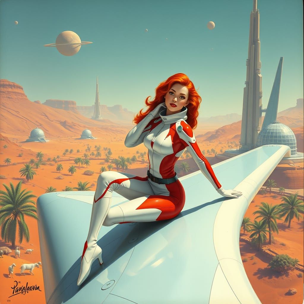 Retro-Futuristic Pinup Girl on Mars in Blended Style
