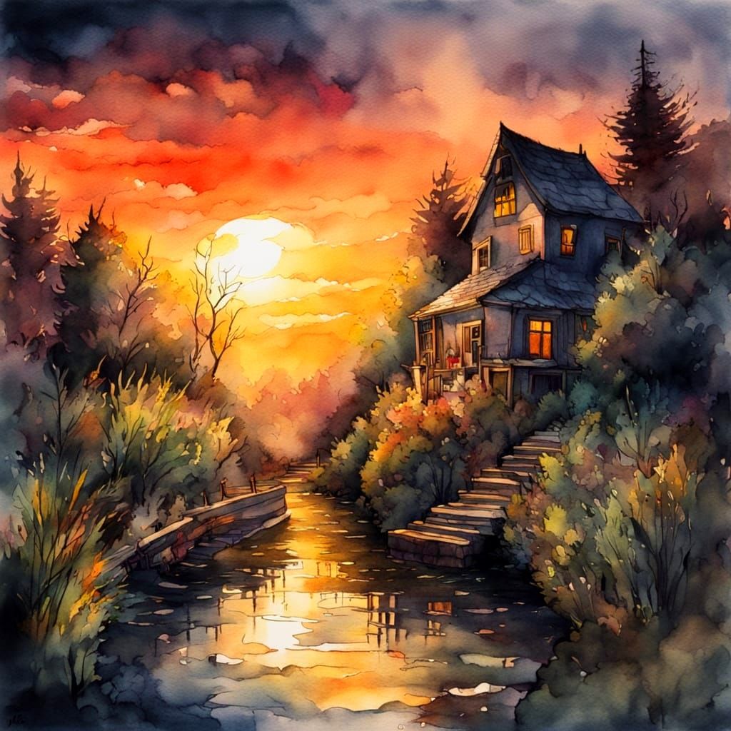 Whimsical Watercolor Fantasy at Sunset
