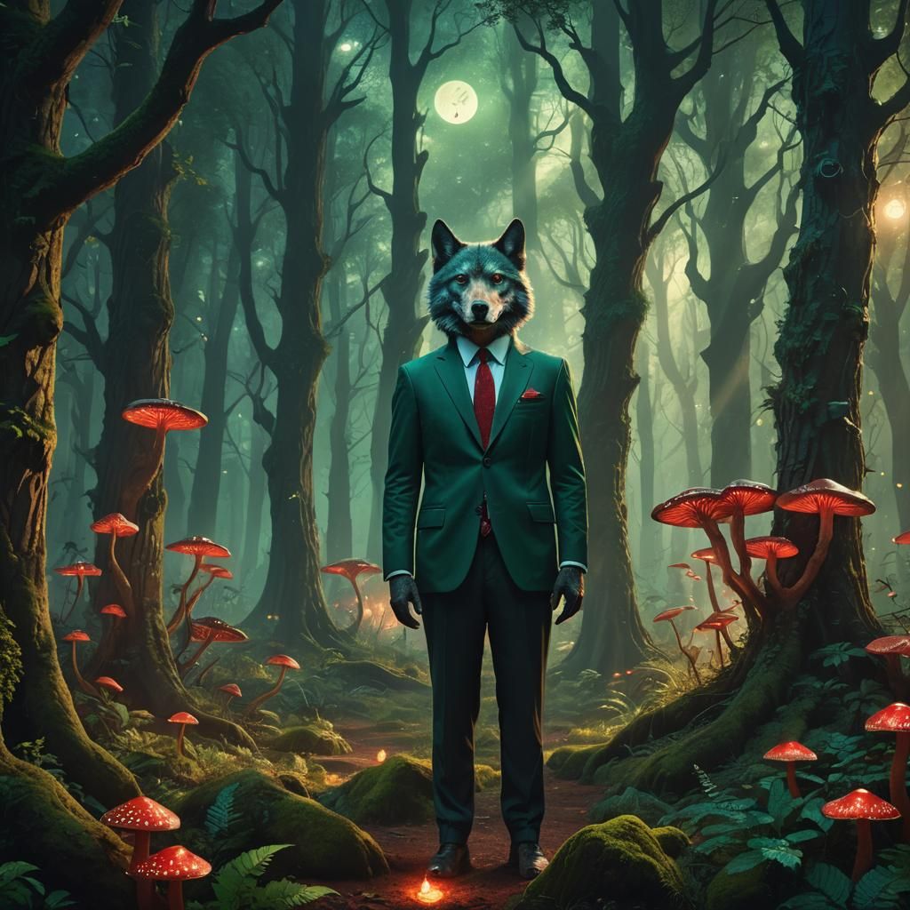 Business Wolf in Mystical Forest Matte Painting