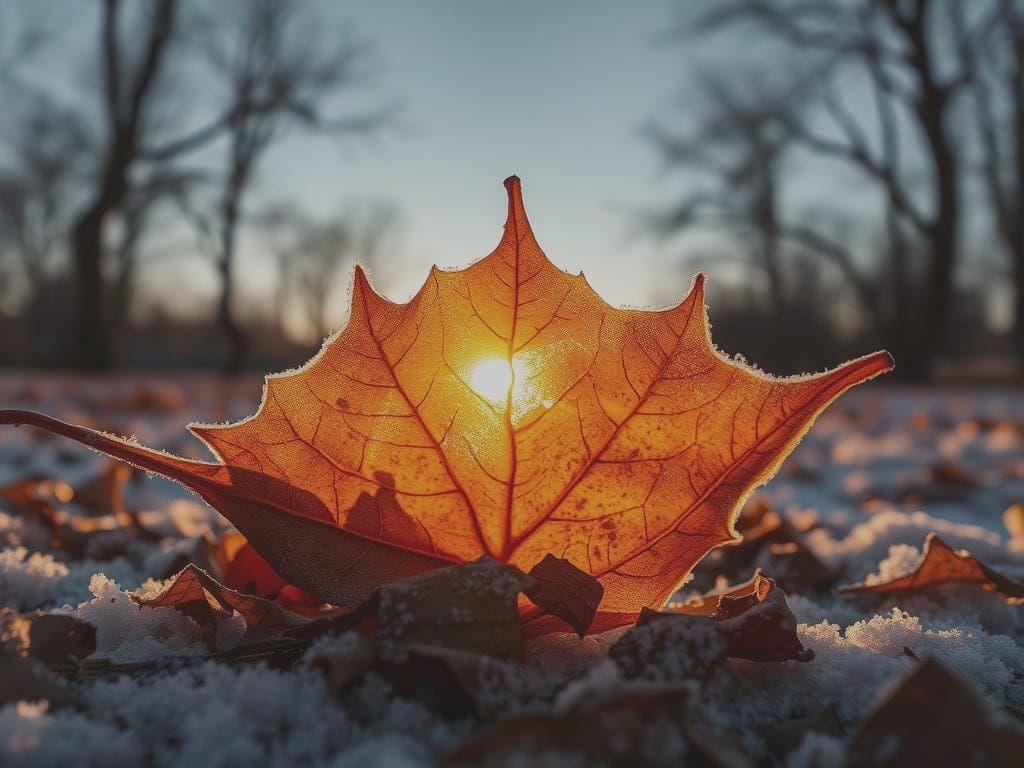 Abstract Sunset Captured in Frosted Leaf