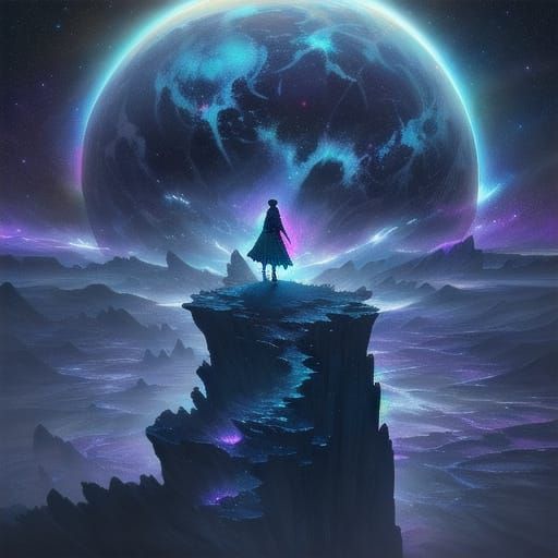 Witch on Precipice Over Alien Plain Under Cosmic Sky
